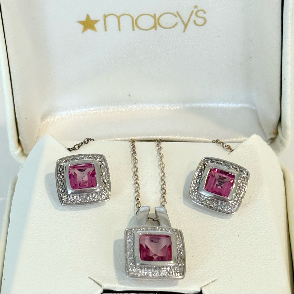 New Macys Pink Topaz Diamond & Sterling Silver Necklace Earrings Set